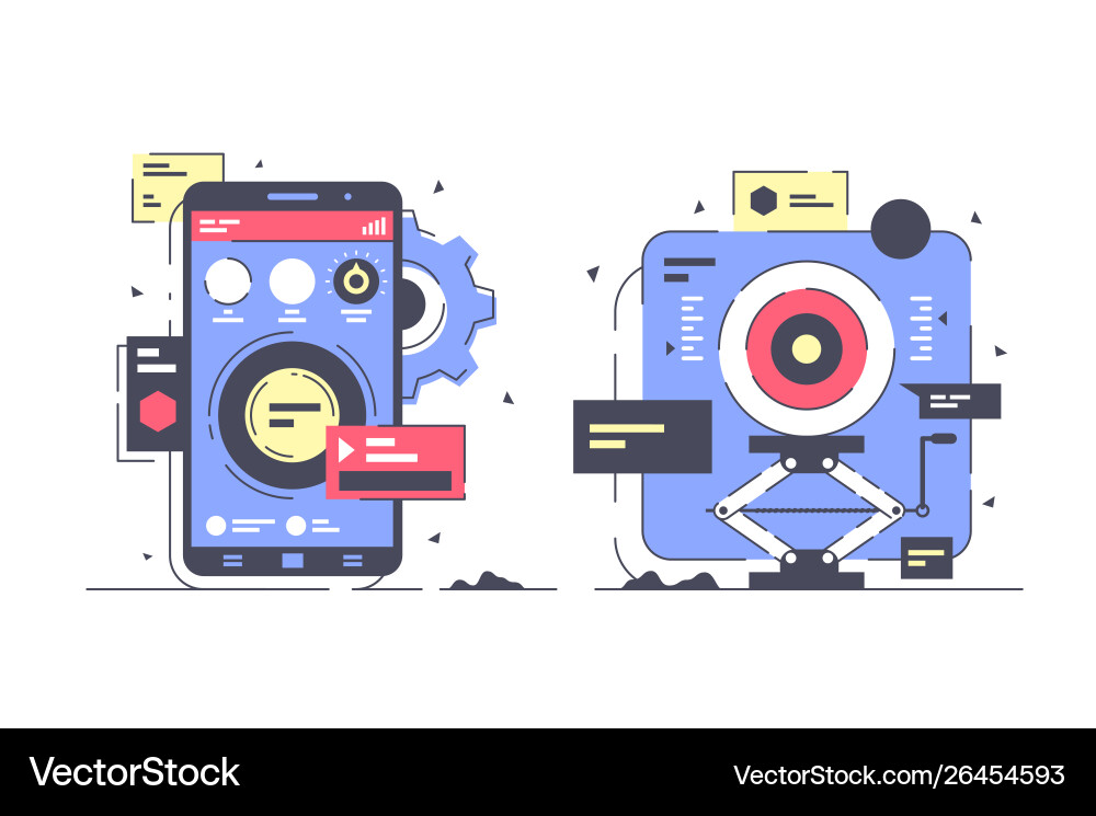 Flat mobile development icon set with device Flat mobile development icon set with device vector image