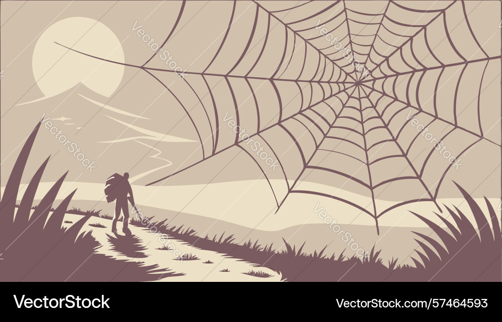 Spiderweb over path with hiker mysterious journey vector image