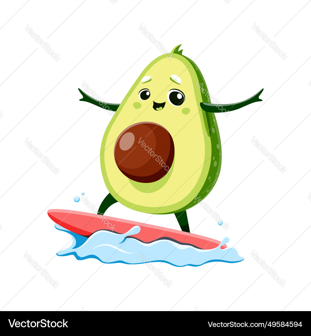 Cartoon kawaii mexican avocado on sea surfboard Cartoon kawaii mexican avocado on sea surfboard vector image