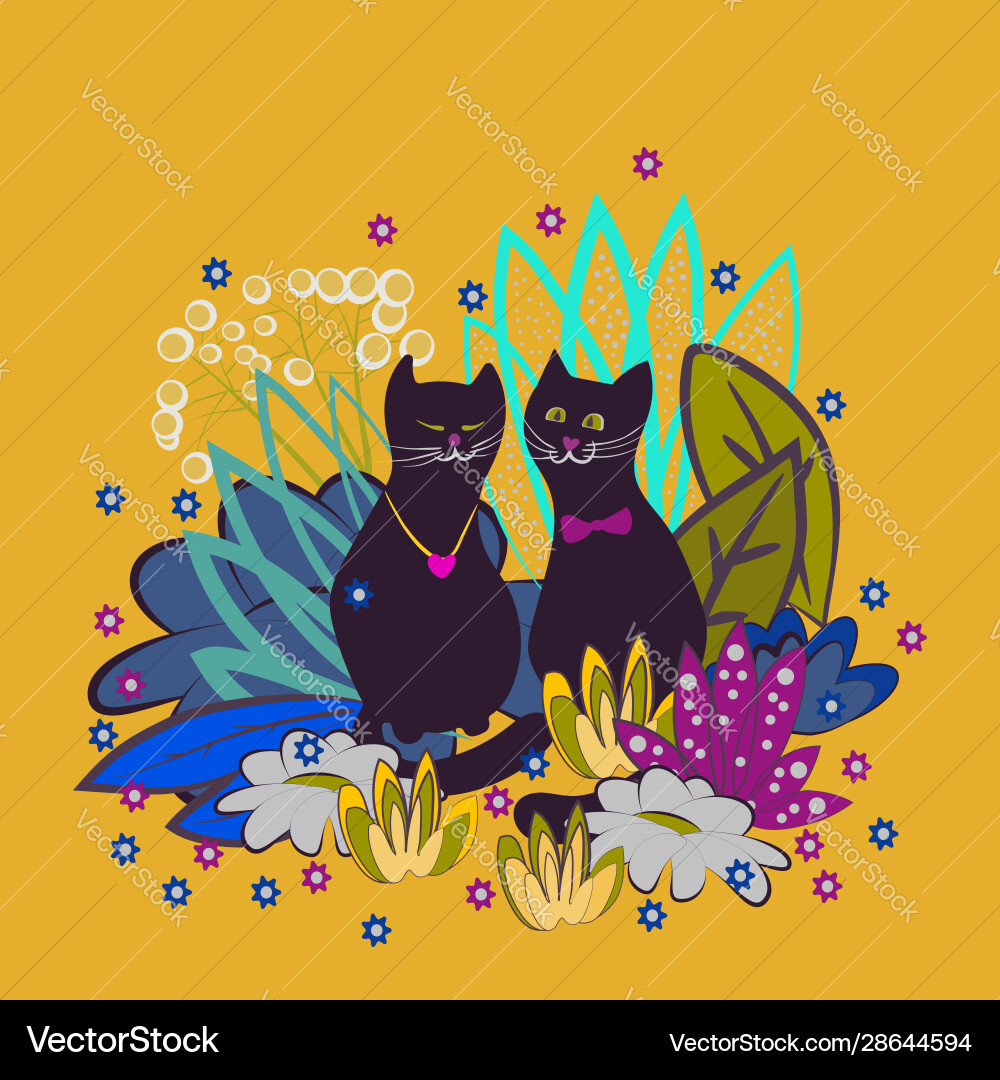 Zwei liebevolle Katzen sitzen unter fantastischen Blumen Zwei liebevolle Katzen sitzen unter fantastischen Blumen vektorbild