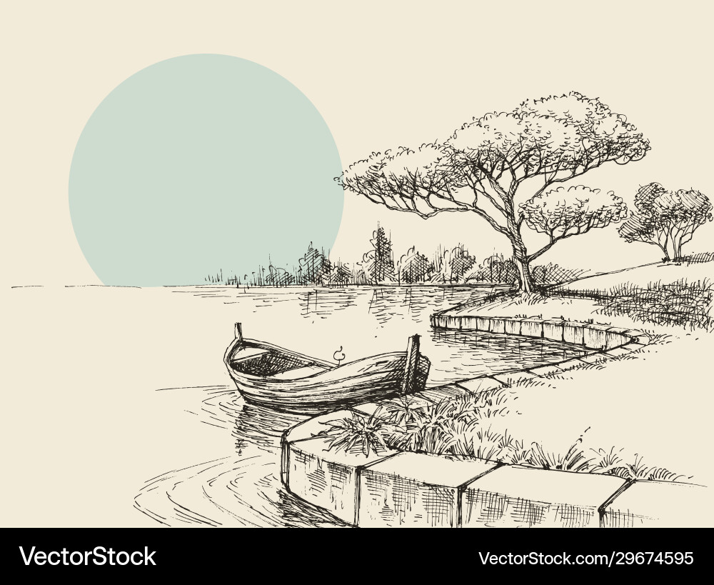Empty boat on shore in park relaxation Empty boat on shore in park relaxation vector image