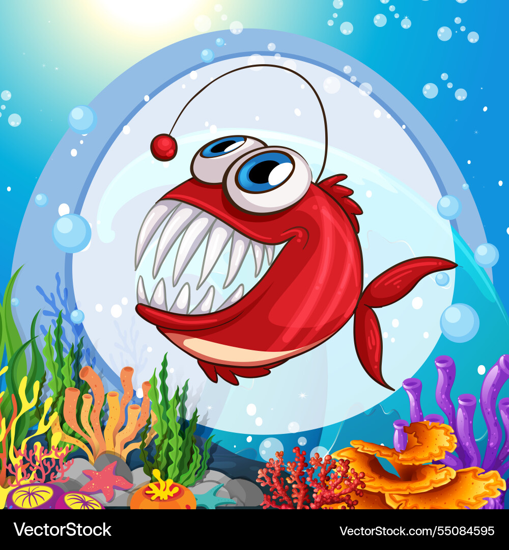 Smiling anglerfish amidst vibrant coral reef Smiling anglerfish amidst vibrant coral reef vector image