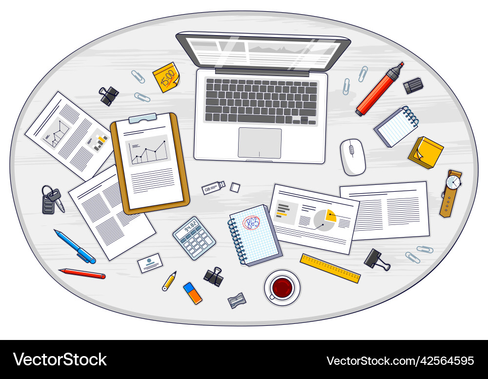 Work desk workspace top view with pc notebook Work desk workspace top view with pc notebook vector image