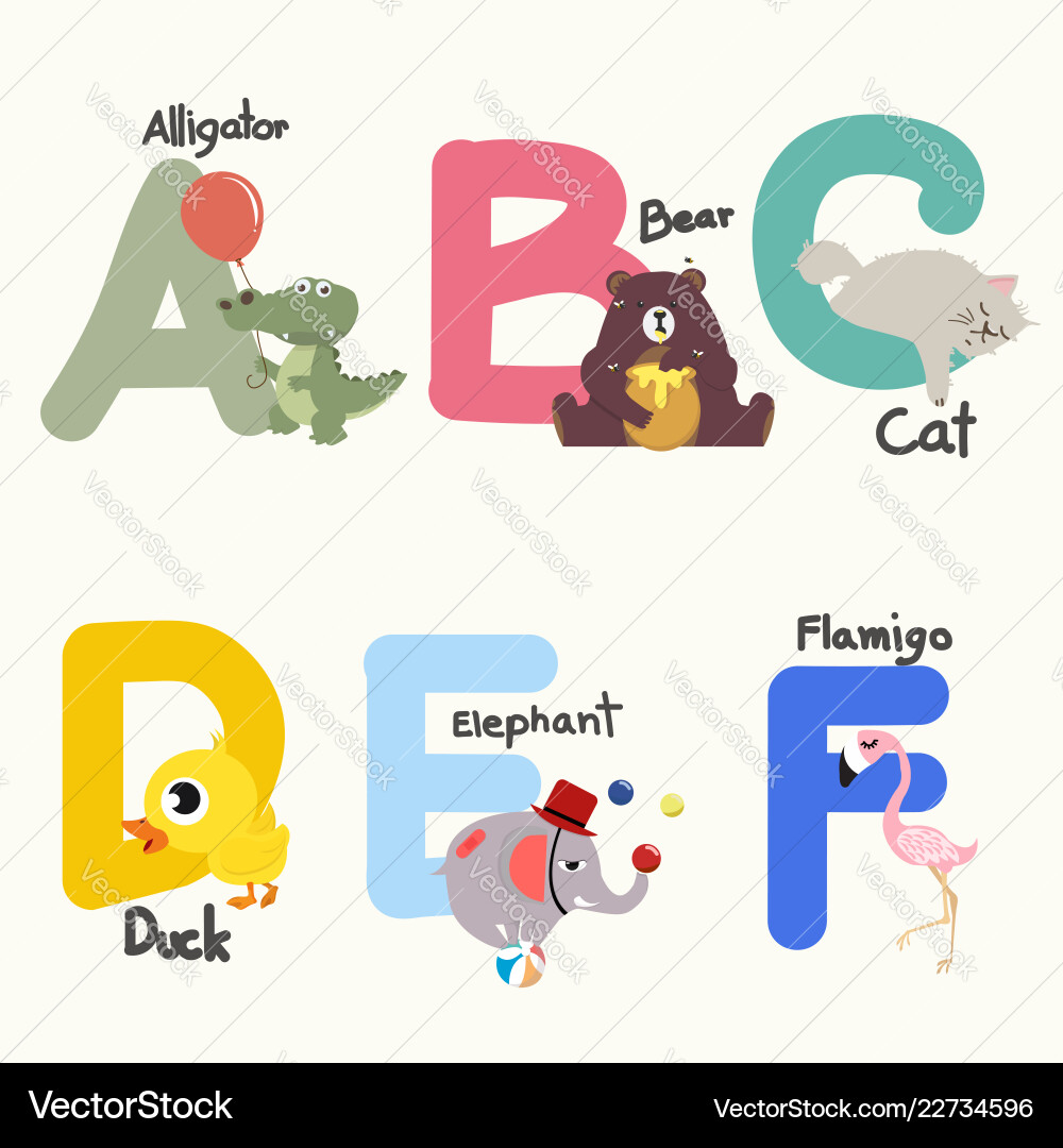 Animal alphabets for children from a to f Animal alphabets for children from a to f Vector Image