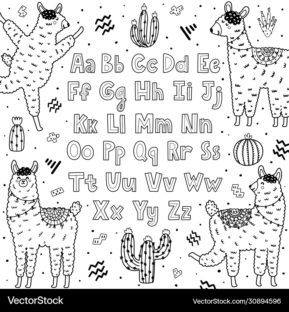 Black and white alphabet with cute llamas abc Black and white alphabet with cute llamas abc vector image