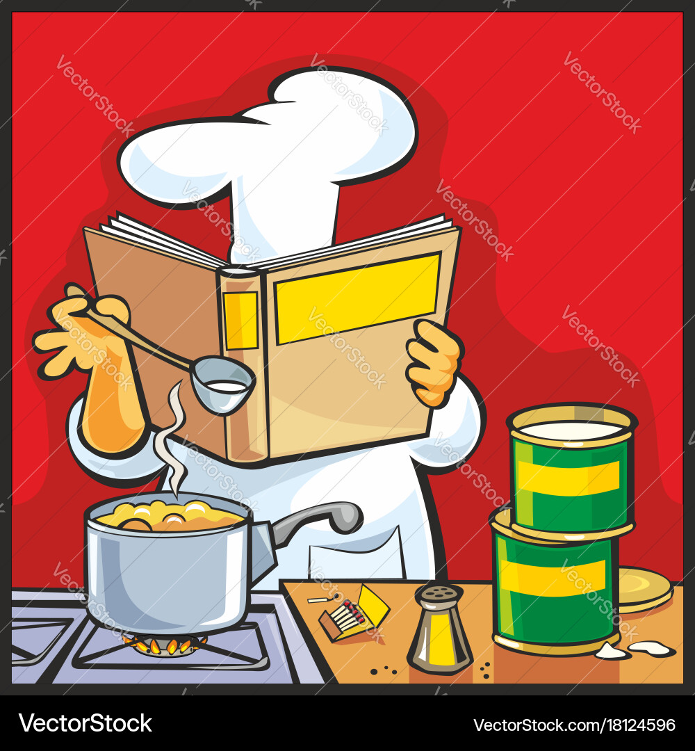 Chef preparing soup and reading recipe cookbook vector image
