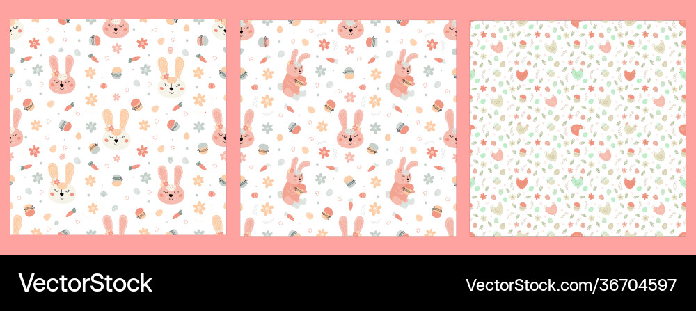 Set easter patterns with rabbitseggscake Set easter patterns with rabbitseggscake vector image