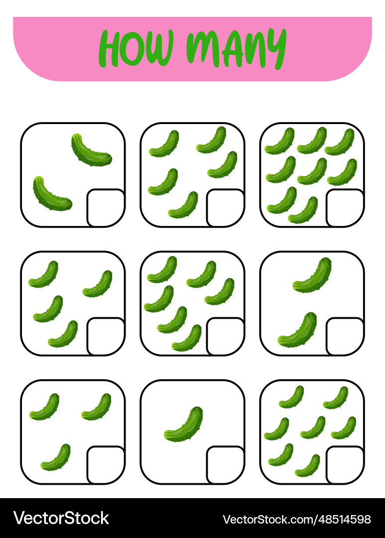 Count how many cucumbers educational game Count how many cucumbers educational game Vector Image