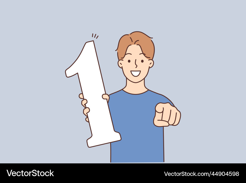 Smiling boy hold number one point at screen Vector Image