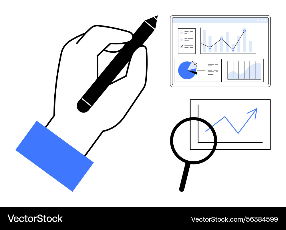 Hand with pen analyzing data and graphs on screens Hand with pen analyzing data and graphs on screens vector image