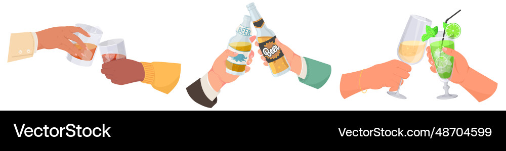 Human hands cheers alcohol drink glass set Human hands cheers alcohol drink glass set vector image