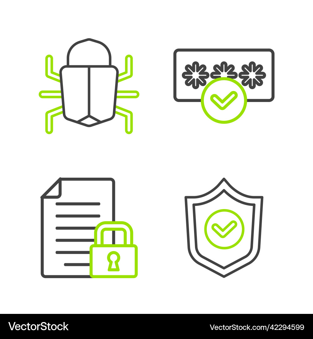 Set line shield with check mark document and lock vector image