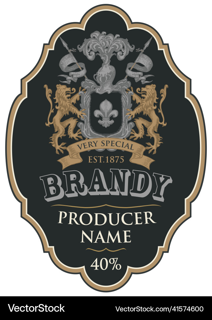 Label for brandy with coat of arms in curly frame Label for brandy with coat of arms in curly frame Vector Image