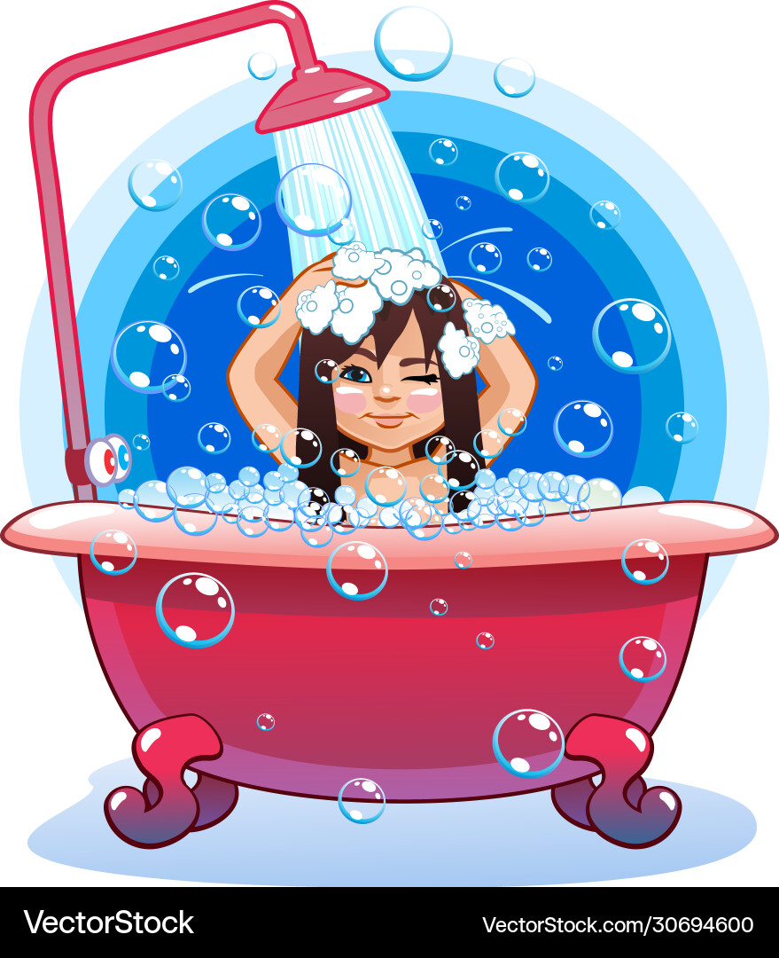 Little girl bathes in a bath shower she Little girl bathes in a bath shower she vector image