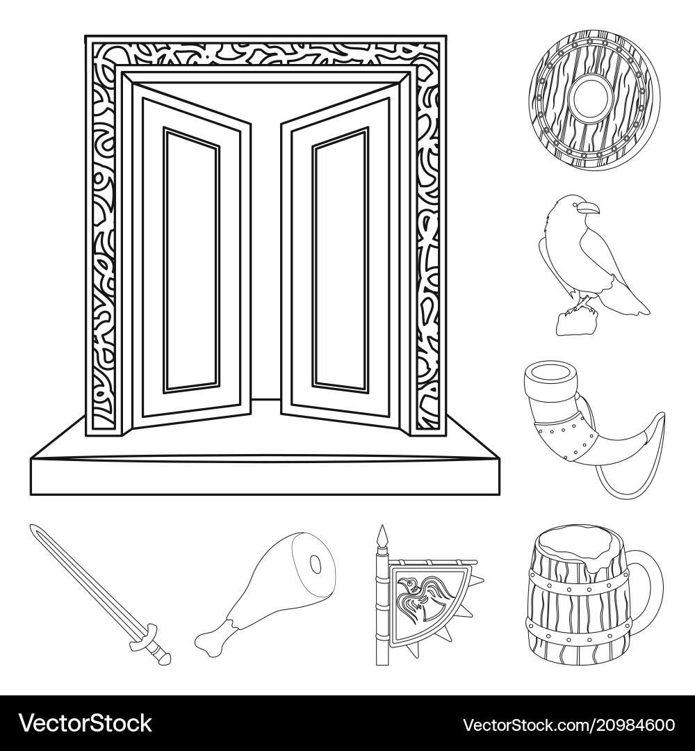 Vikings and attributes outline icons in set Vector Image
