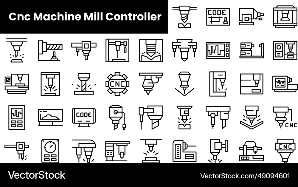 Set of outline cnc machine mill controller icons Vector Image