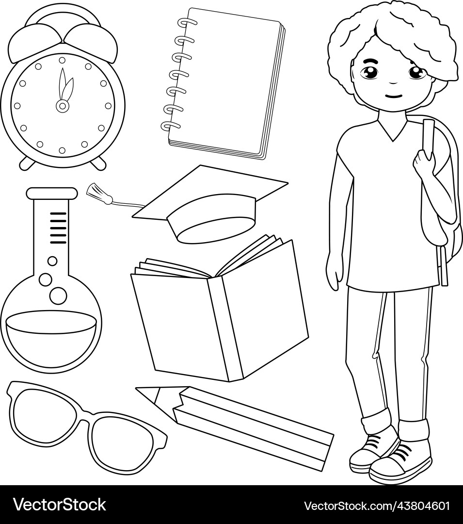Student boy and set of school objects Student boy and set of school objects vector image