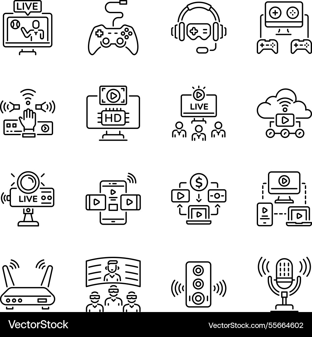 Bundle of linear style live streaming icons vector image