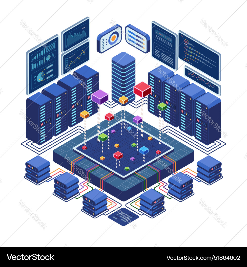 Isometric data center network with analytics Isometric data center network with analytics vector image
