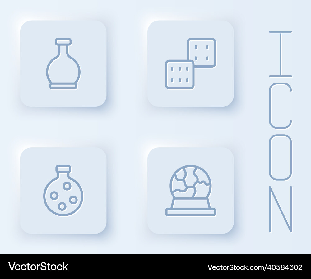 Set line bottle with potion game dice and magic Set line bottle with potion game dice and magic vector image
