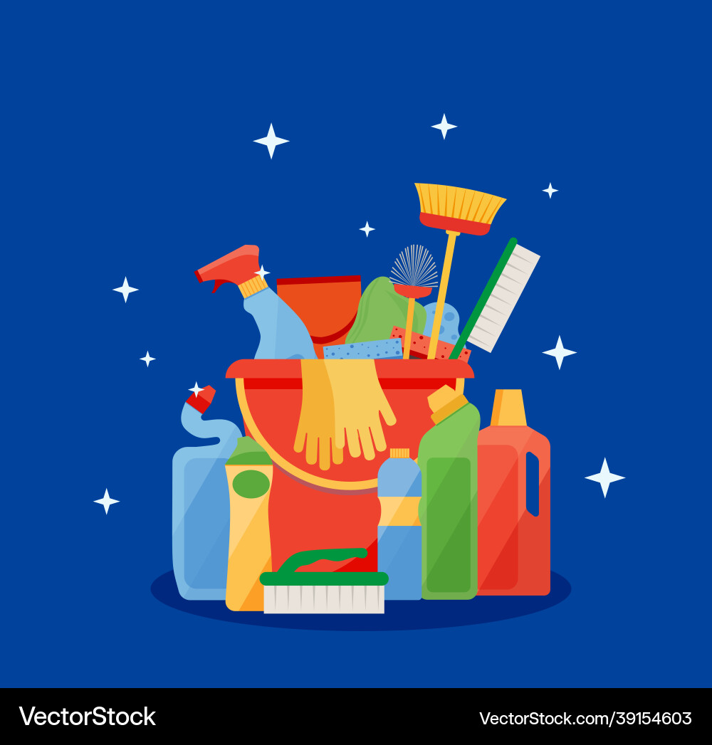 Assorted cleaning items set with brooms bucket Assorted cleaning items set with brooms bucket Vector Image