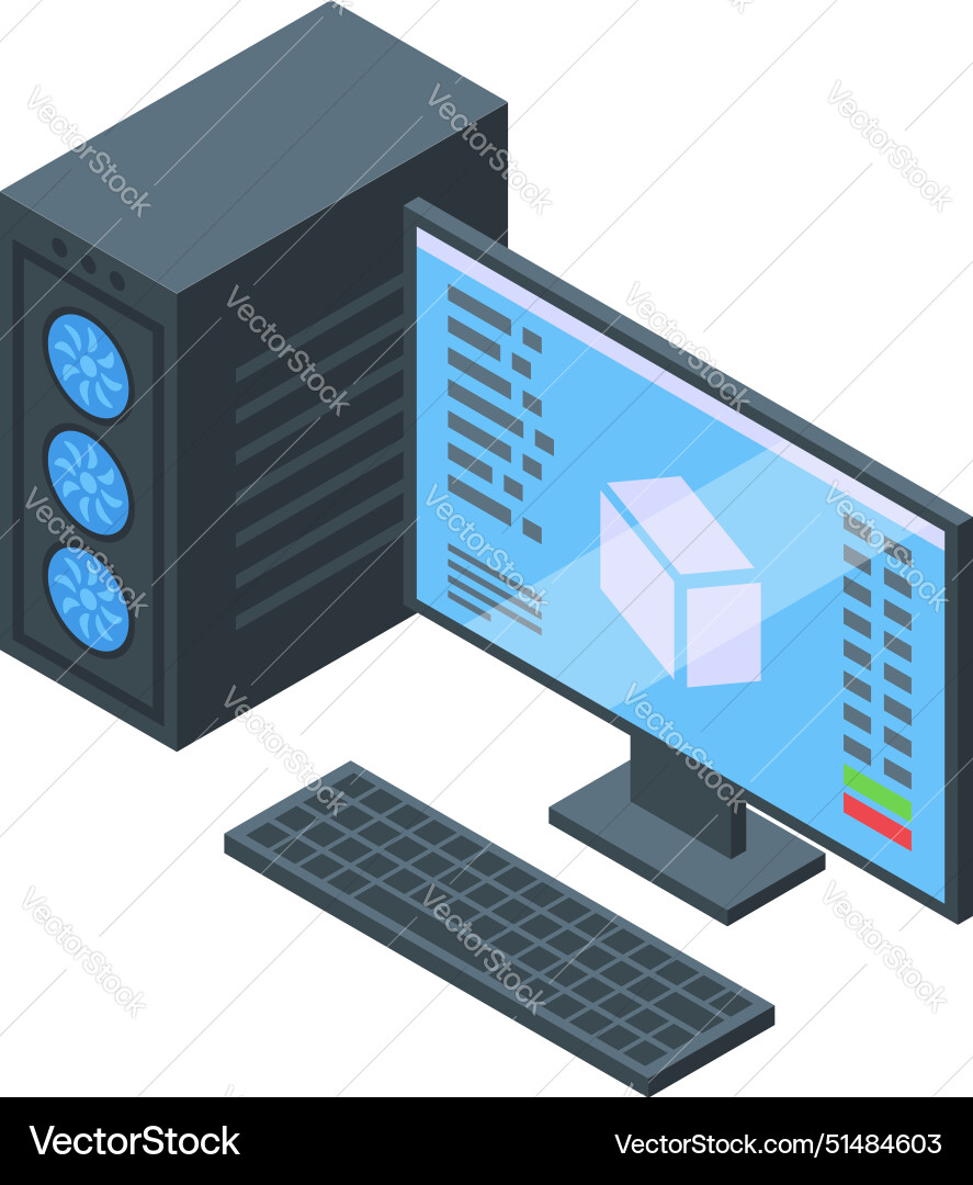 Isometric concept of desktop computer with code Isometric concept of desktop computer with code vector image