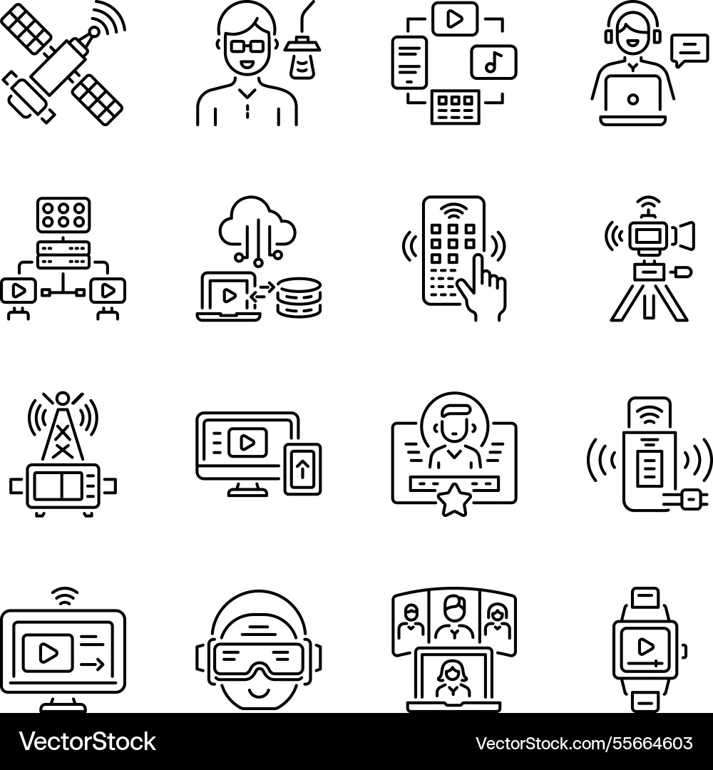 Set of linear style streaming technology icons vector image