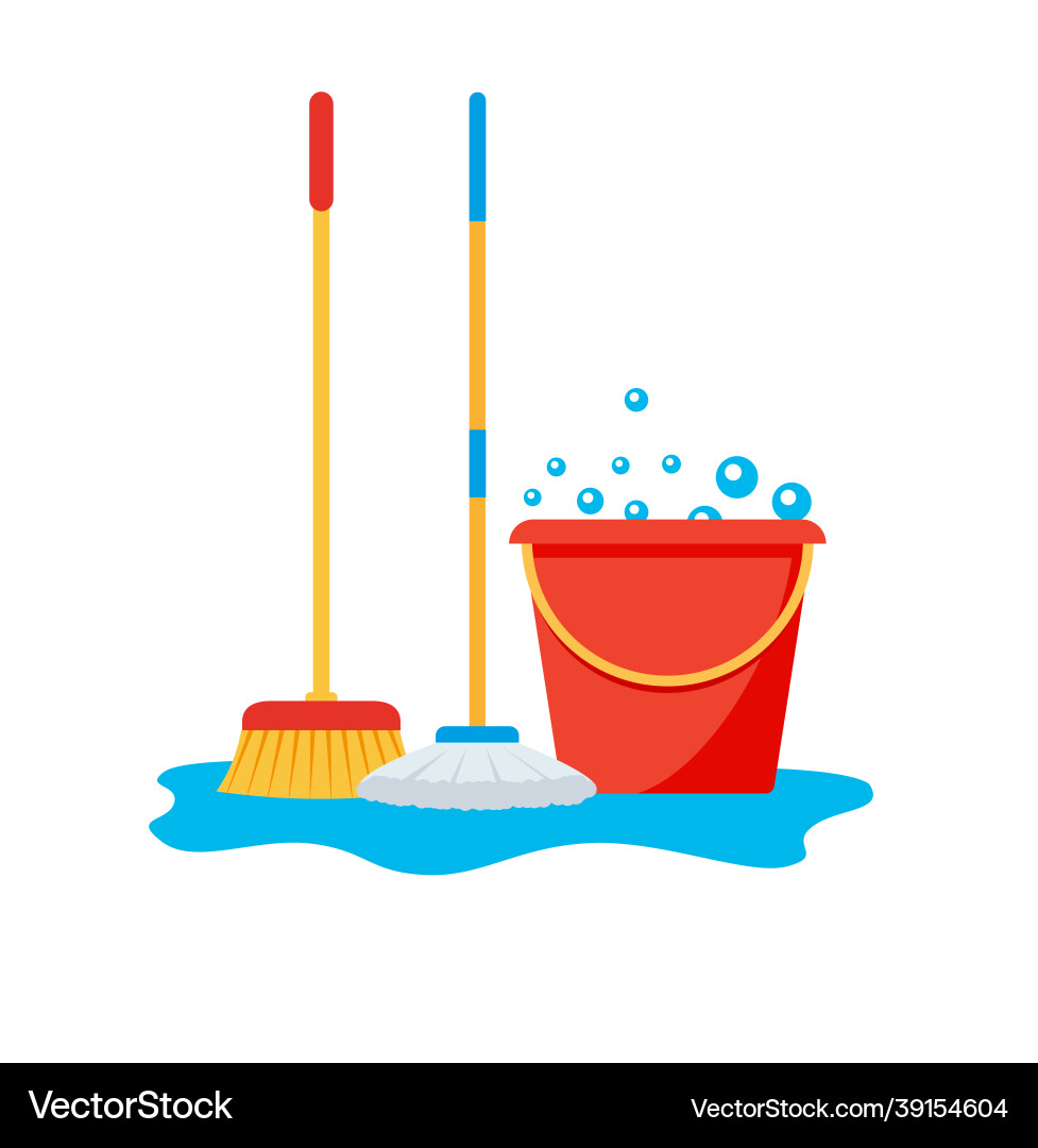 Assorted cleaning items set with brooms bucket Vector Image