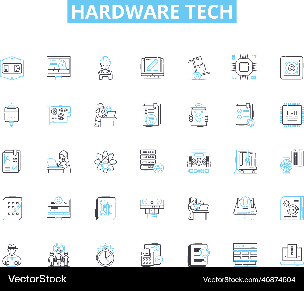 Hardware tech linear icons set processor Hardware tech linear icons set processor vector image