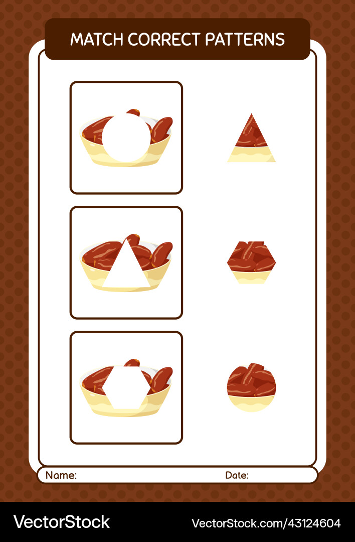 Match pattern game with bowl of dates worksheet Match pattern game with bowl of dates worksheet Vector Image