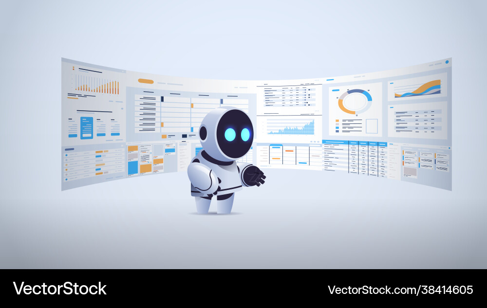 Cute robot analyzing statistics financial data Vector Image