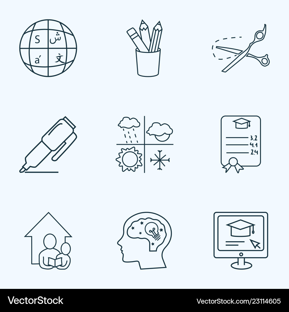 Education icons line style set with scissors Education icons line style set with scissors vector image