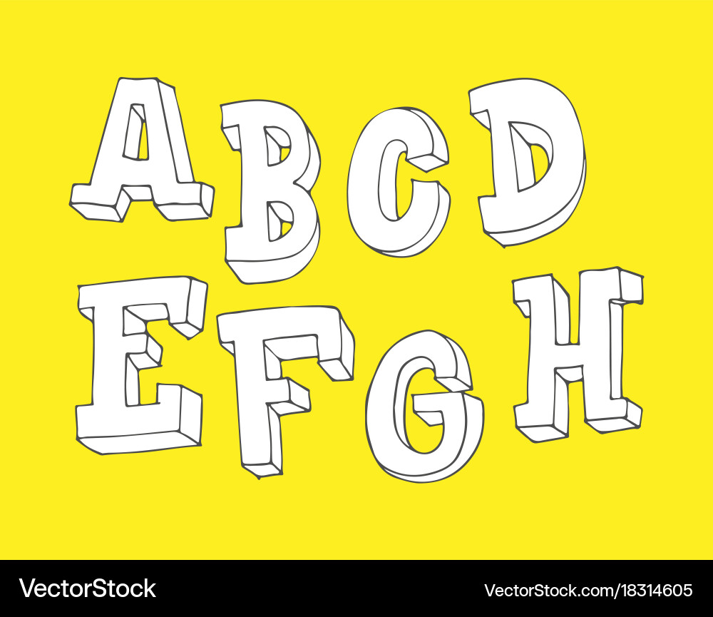 Hand drawn letters sequence from a to h in 3d vector image