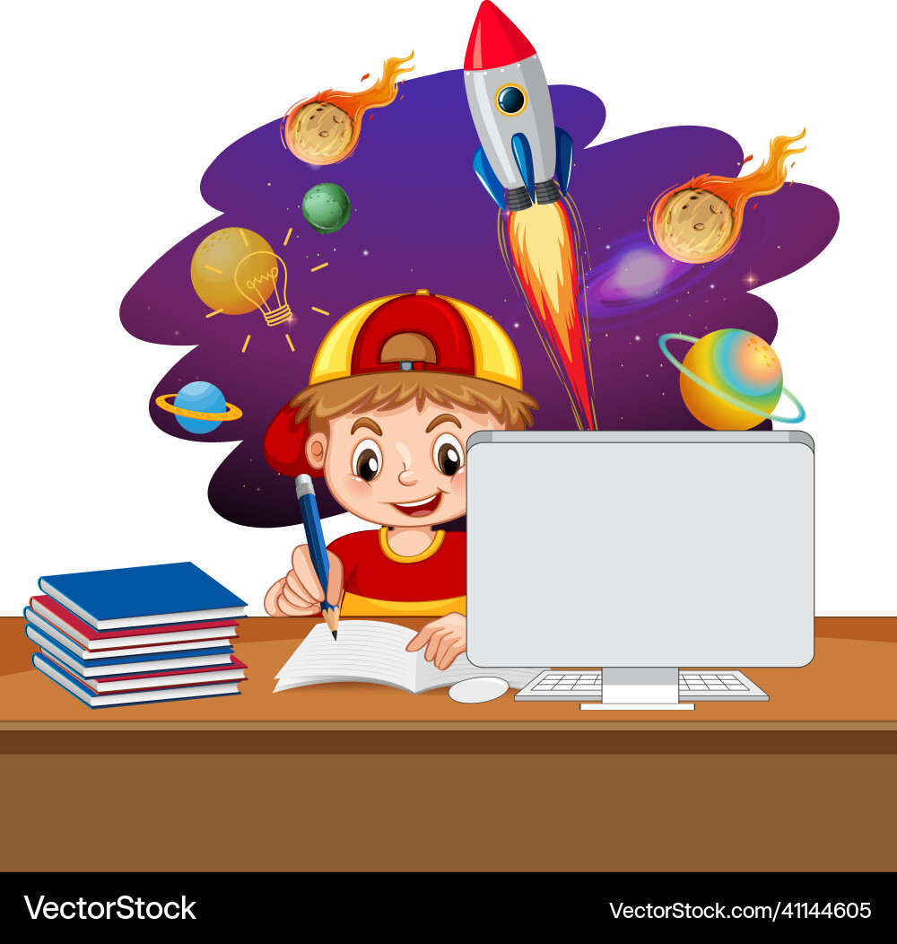 Junge Junge Junge studieren vor Laptop mit Platz Junge Junge Junge studieren vor Laptop mit Platz vektorbild
