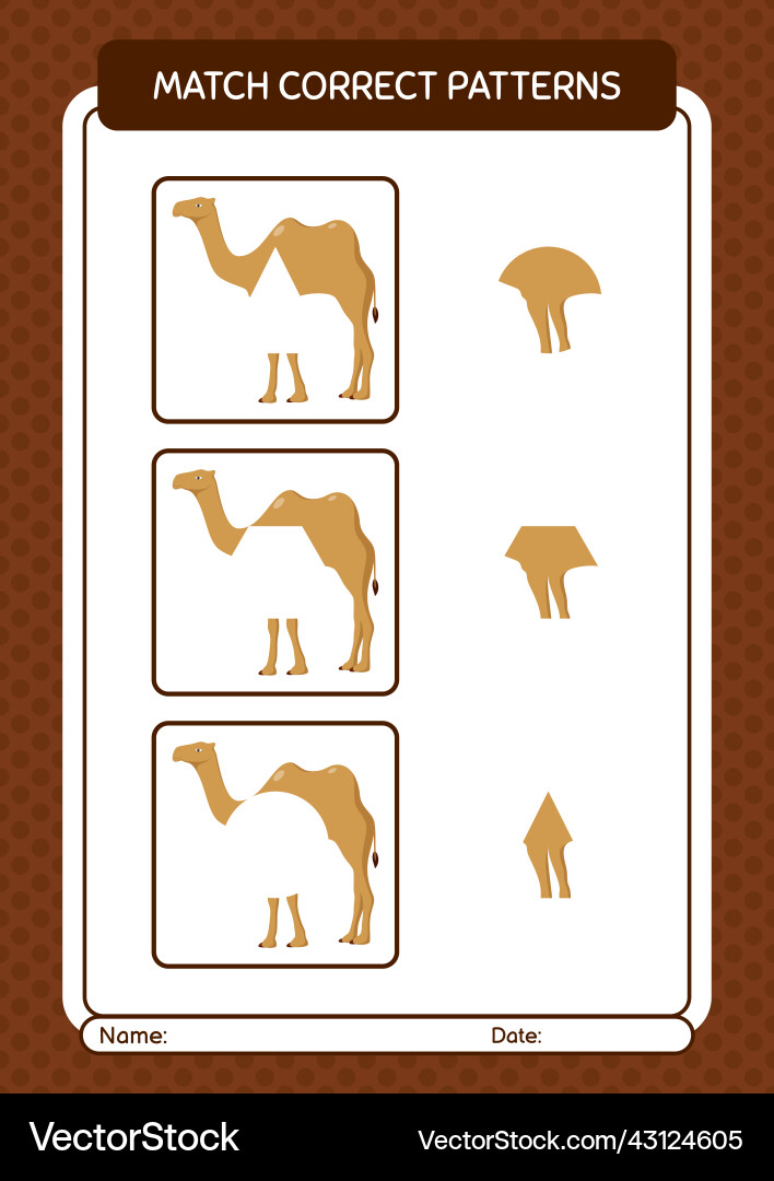 Match pattern game with camel worksheet Match pattern game with camel worksheet vector image