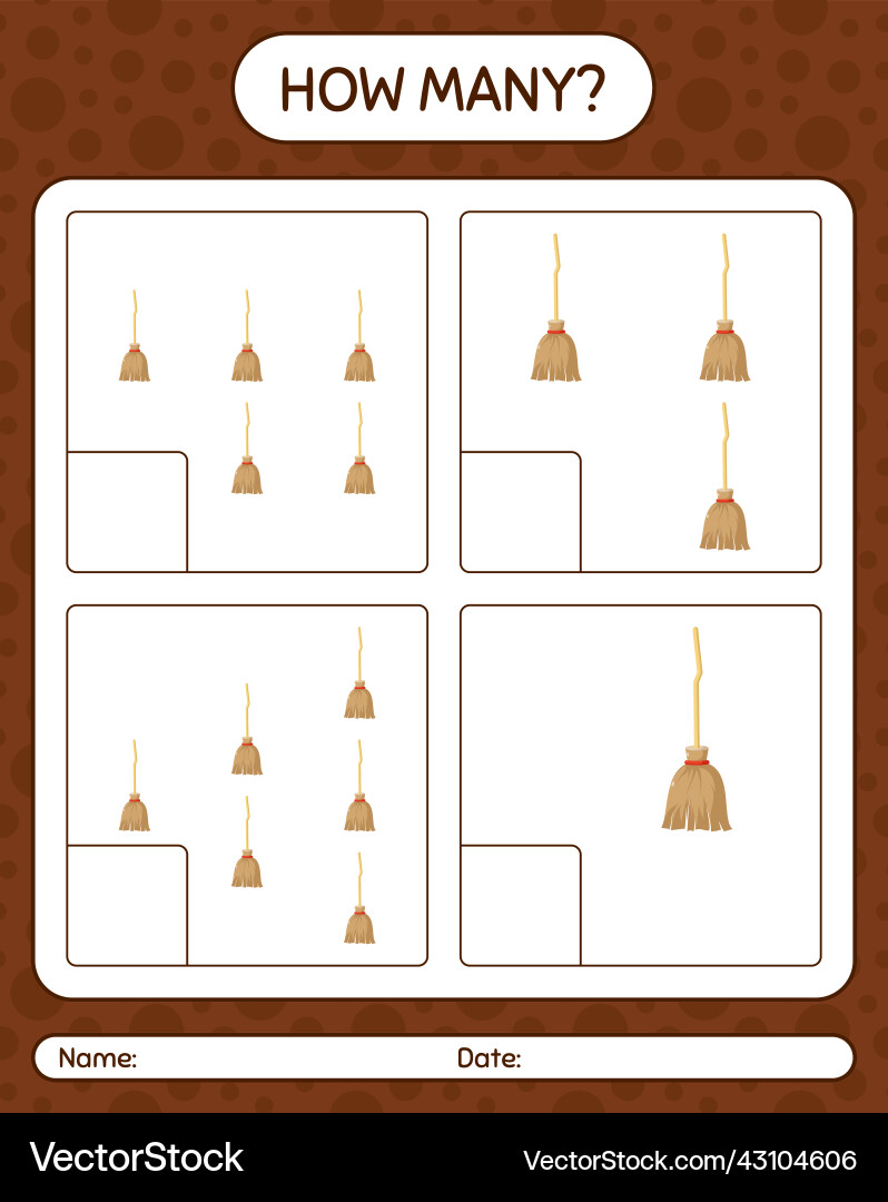 How many counting game with broom worksheet How many counting game with broom worksheet vector image