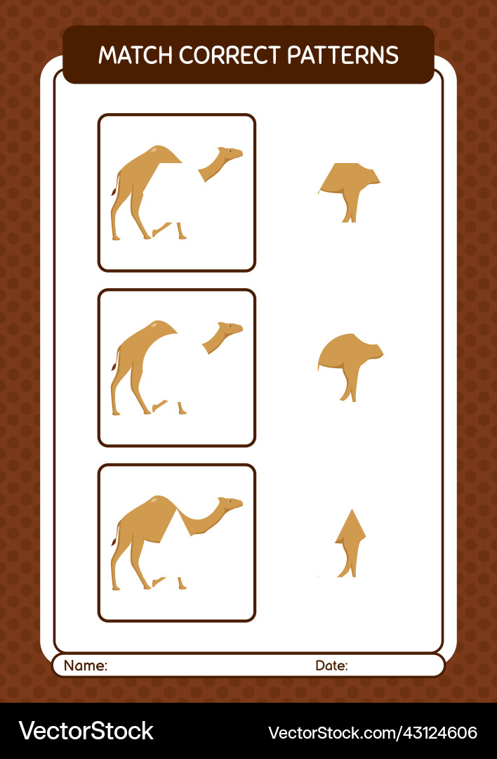 Match pattern game with camel worksheet vector image