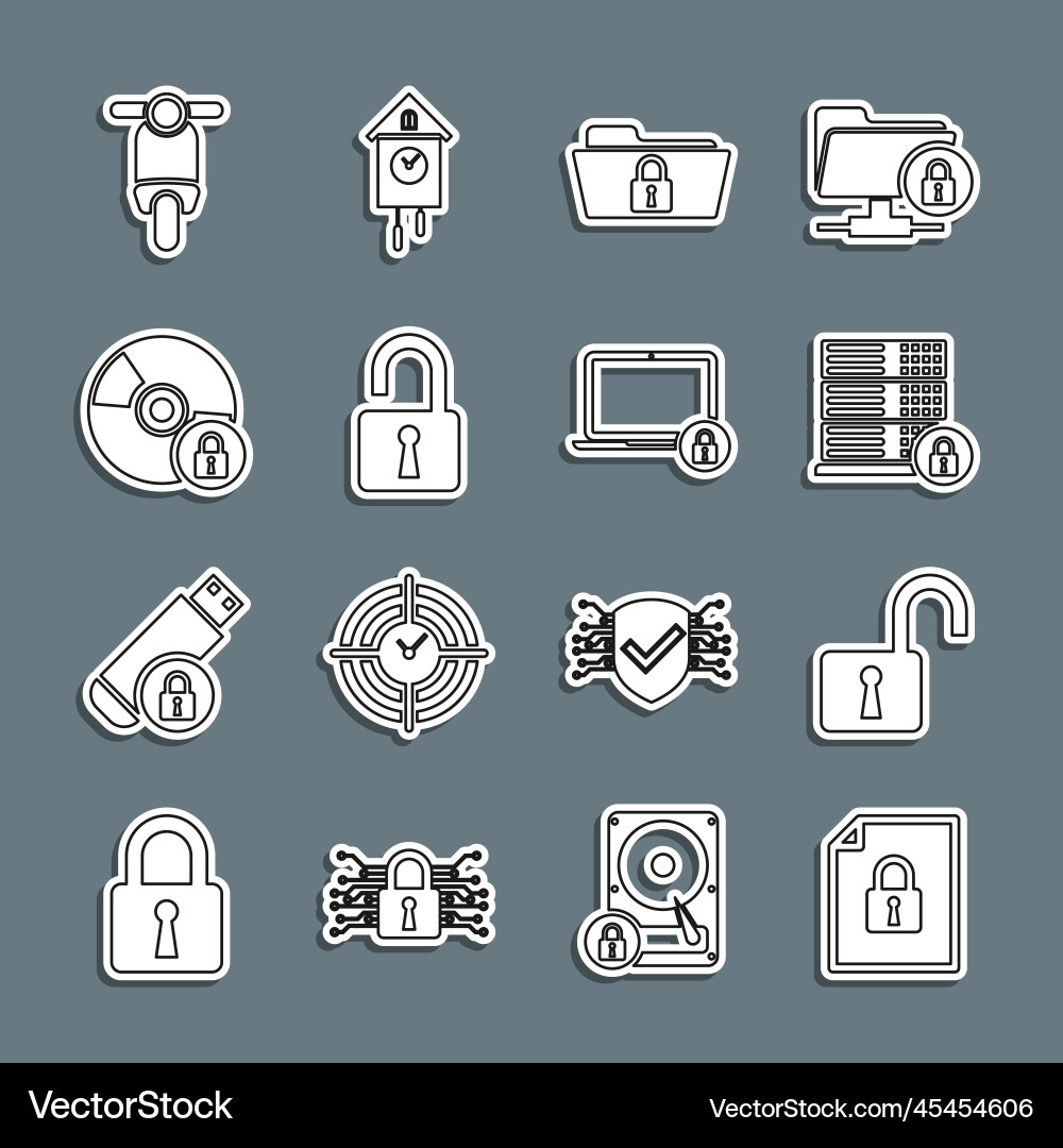 Set line document and lock open padlock server Set line document and lock open padlock server vector image