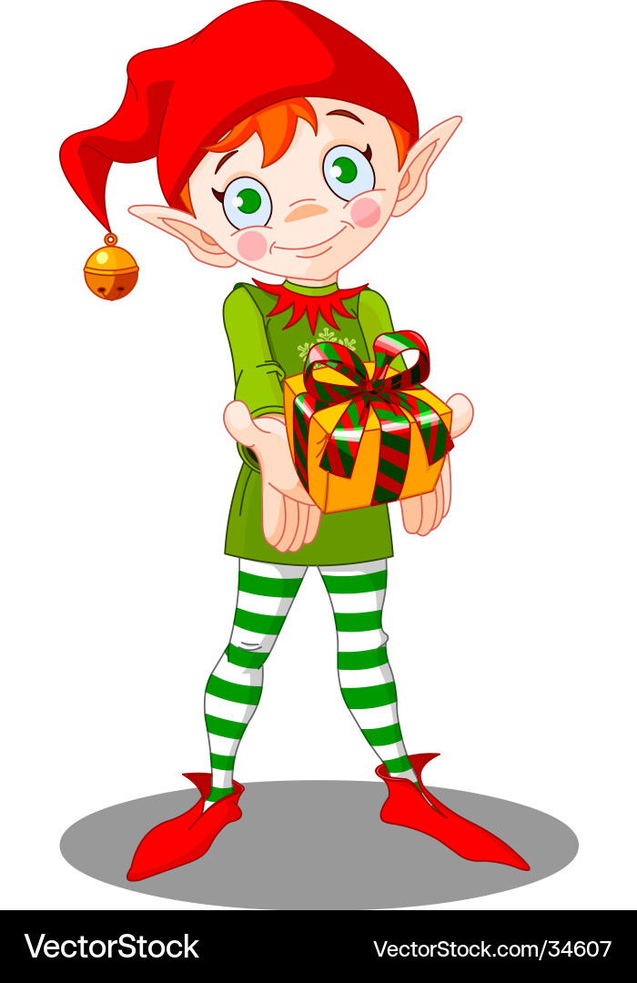 Cheerful Christmas Elf with Gift Royalty Free Vector Image