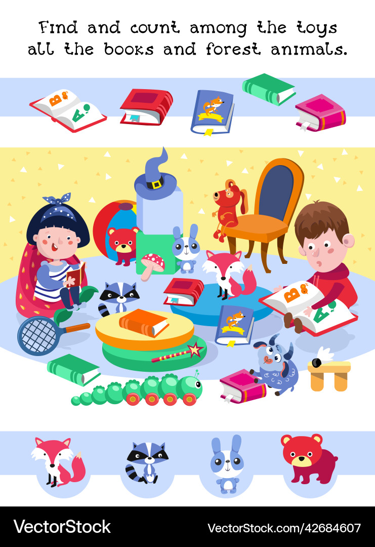 Math game for kids find and count objects cute Math game for kids find and count objects cute Vector Image