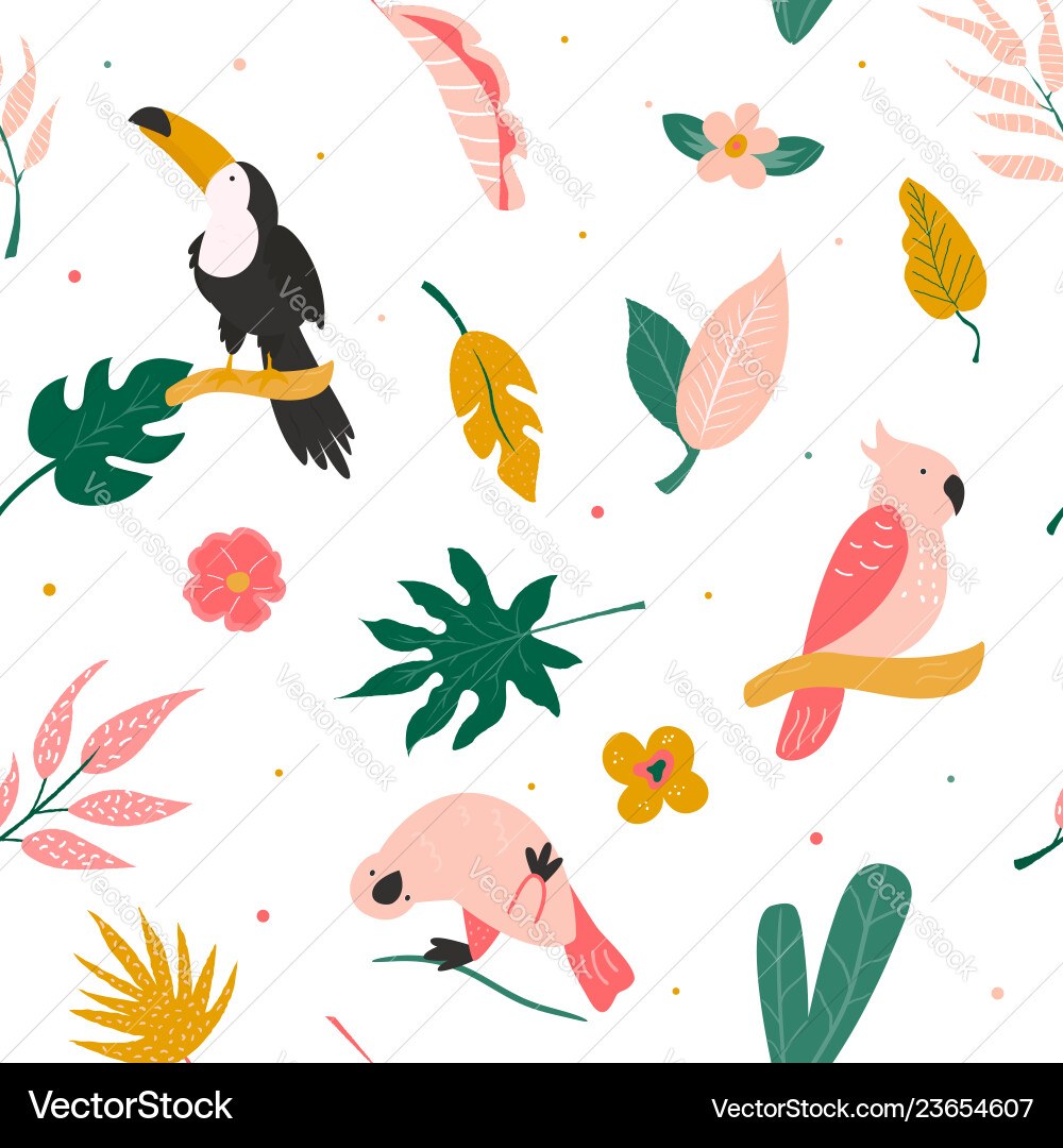 Tropical seamless pattern with birds and leaves Tropical seamless pattern with birds and leaves vector image