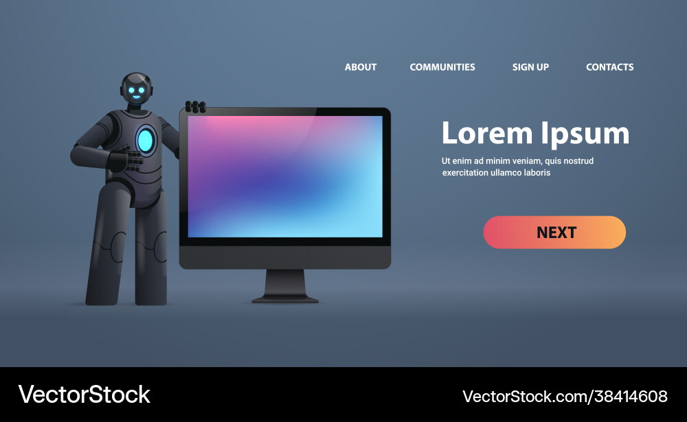 Modern robot cyborg standing near computer monitor Modern robot cyborg standing near computer monitor vector image