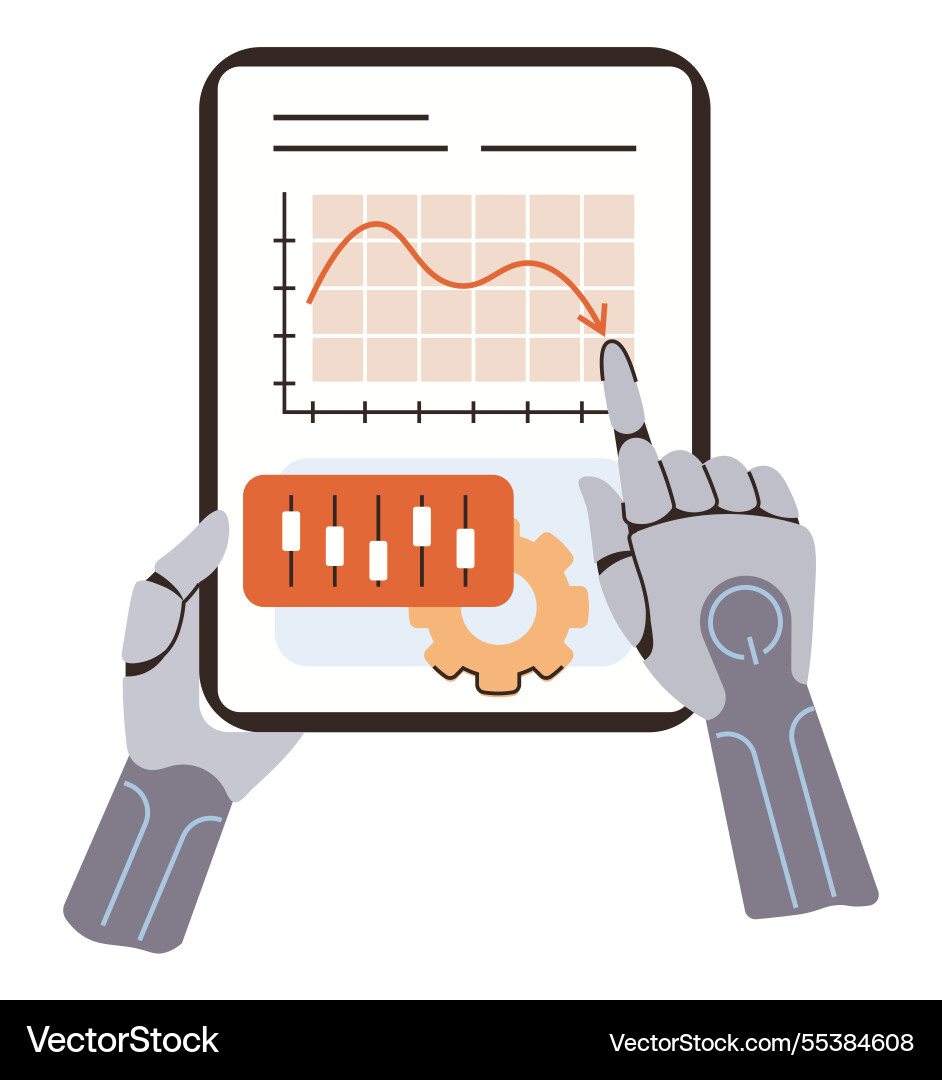 Robotic hands interacting with tablet displaying Robotic hands interacting with tablet displaying vector image