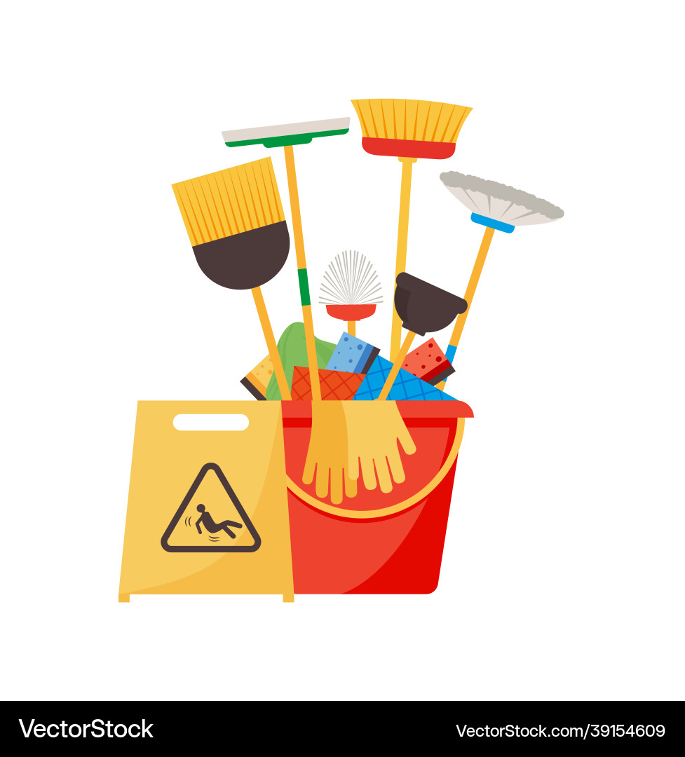 Assorted cleaning items set with brooms bucket Assorted cleaning items set with brooms bucket Vector Image