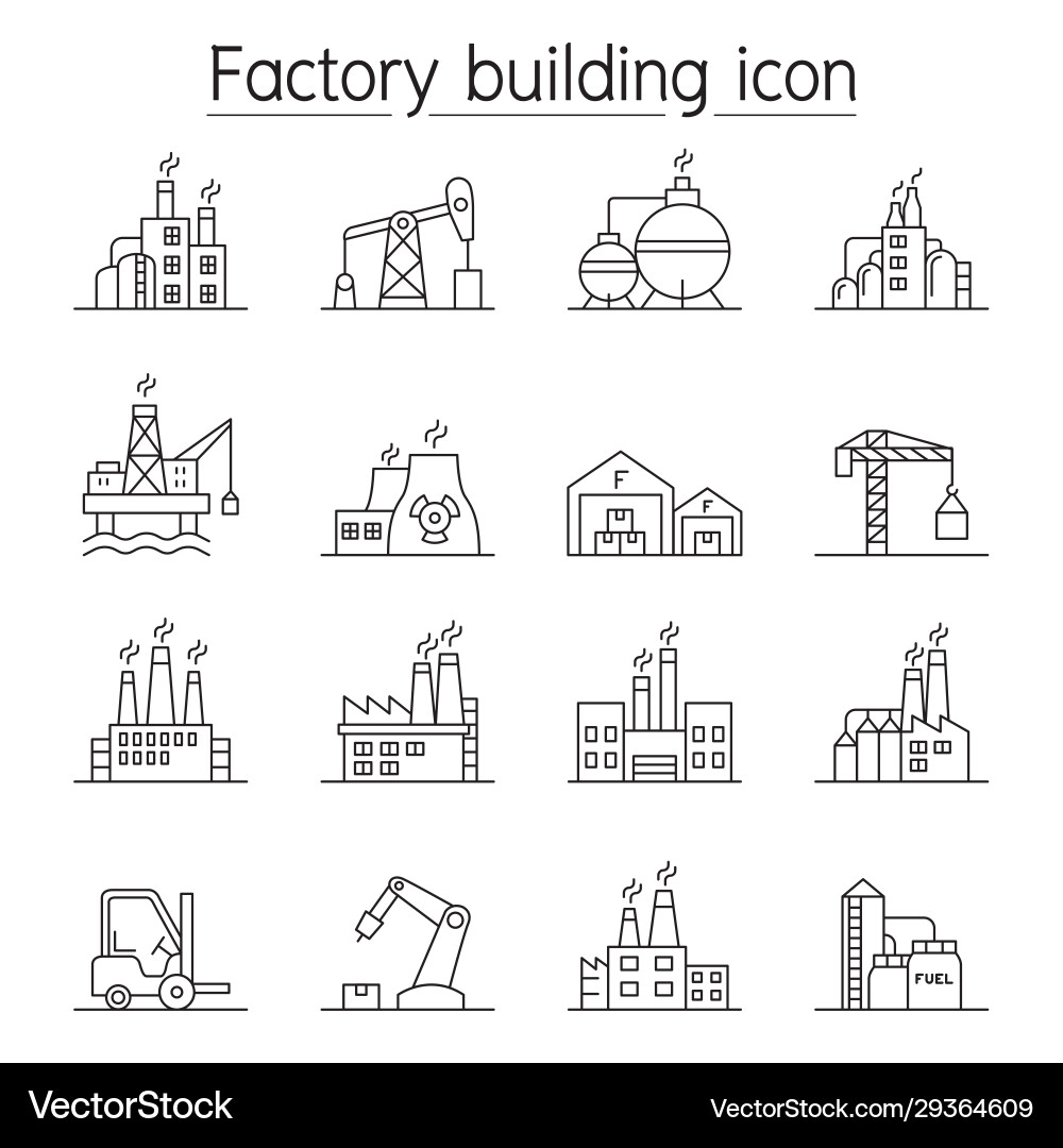 Factory building icon set in thin line style Vector Image