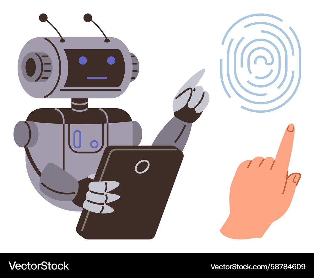 Robot interacting with fingerprint scanner Robot interacting with fingerprint scanner Vector Image