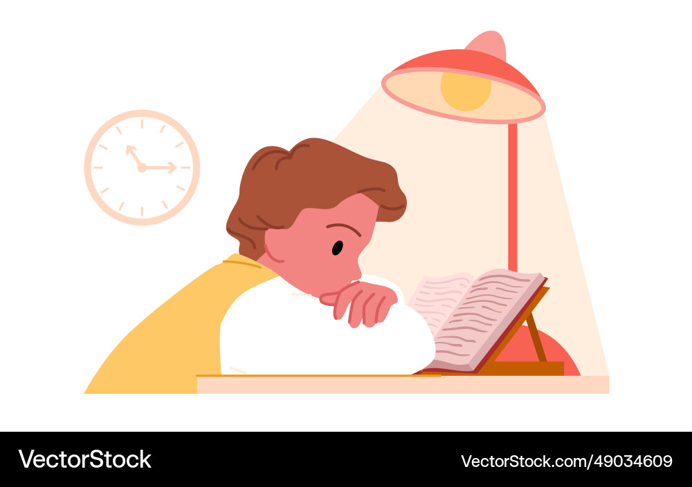 Tired child studying at table overtime scene Tired child studying at table overtime scene Vector Image