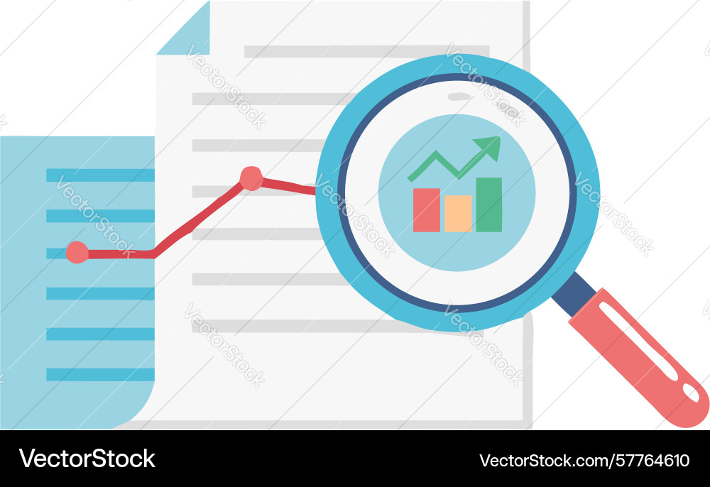 Data analysis document with charts and magnifying Vector Image