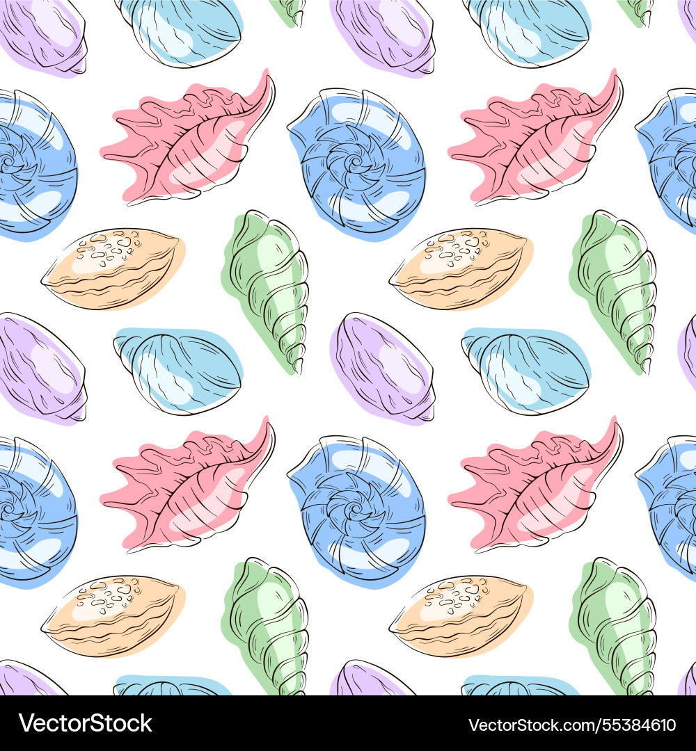 Seamless seashell pattern in flat style hand Seamless seashell pattern in flat style hand vector image