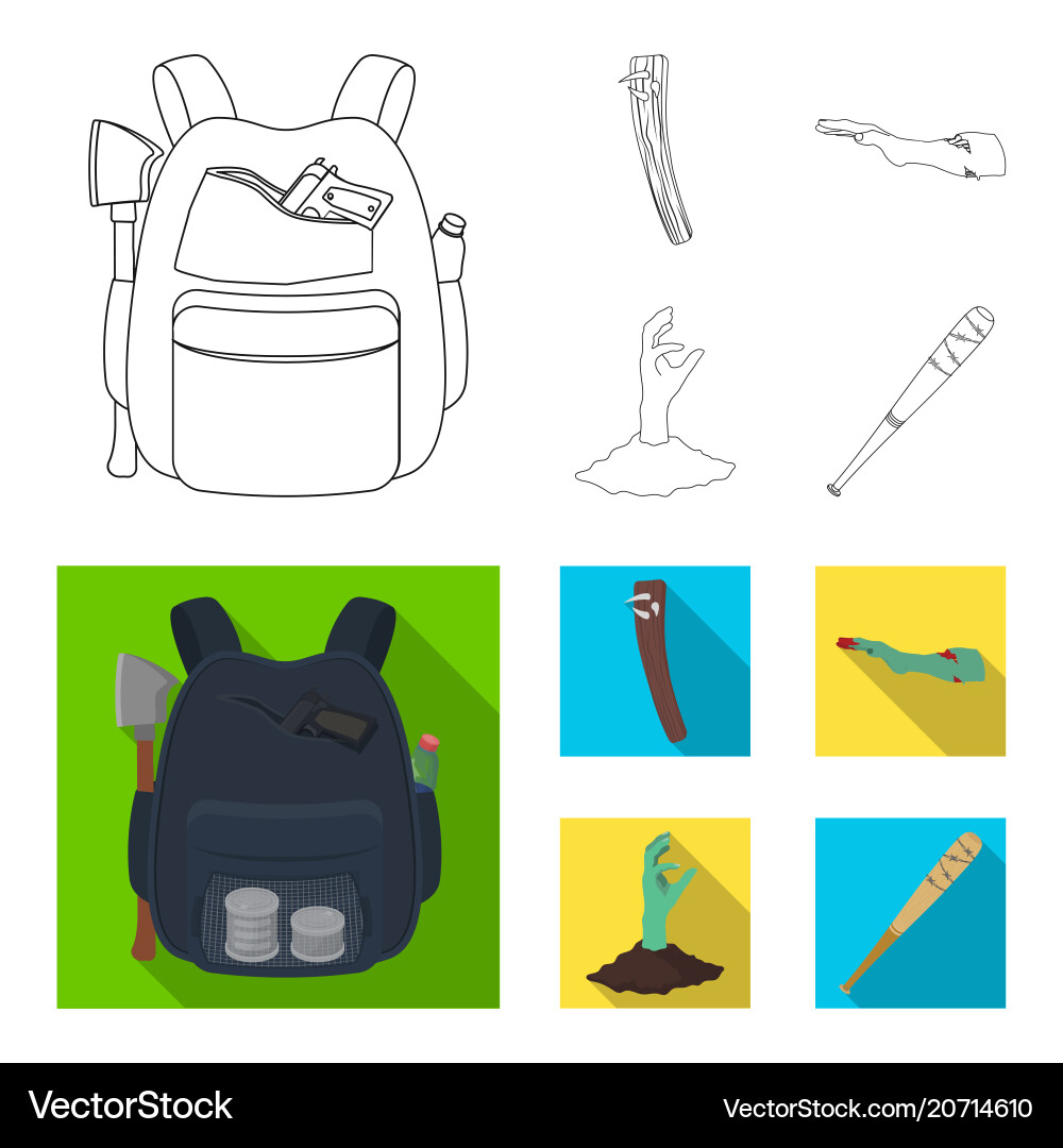 Zombies and attributes outlineflat icons in set Vector Image